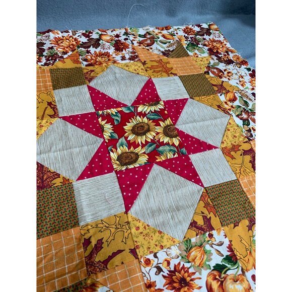 Handmade Autumn Quilt Star Block Floral & Patchwork Design 20"x20" - Picture 3 of 6